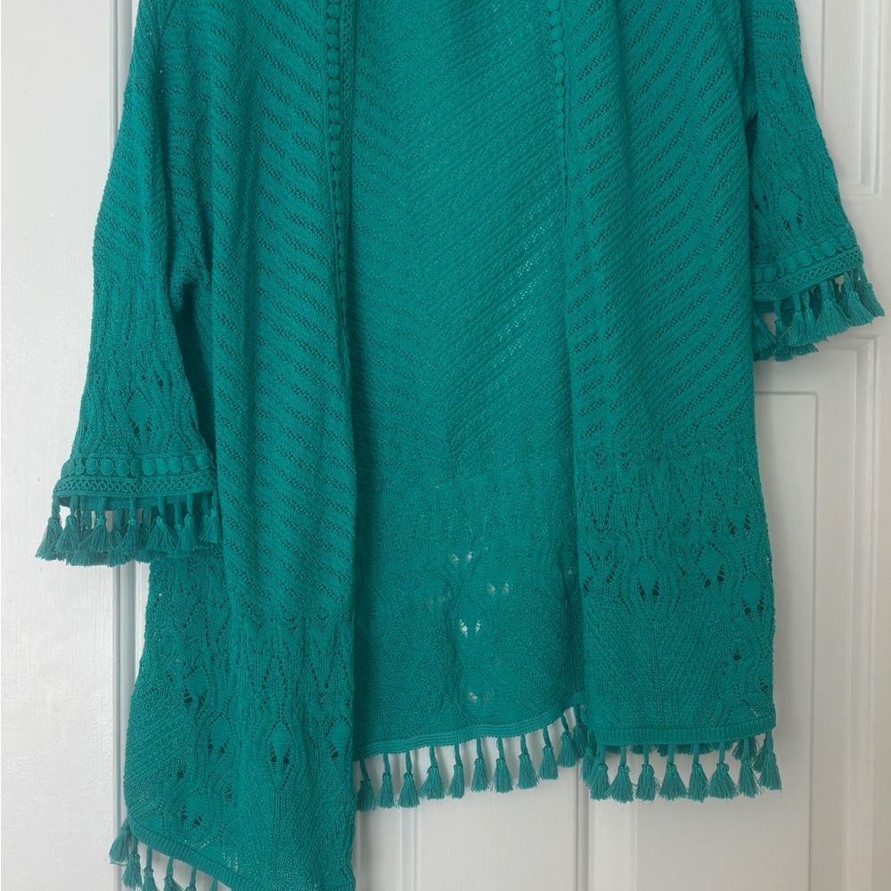 Chico's Teal Cardigan with Tassel Accents